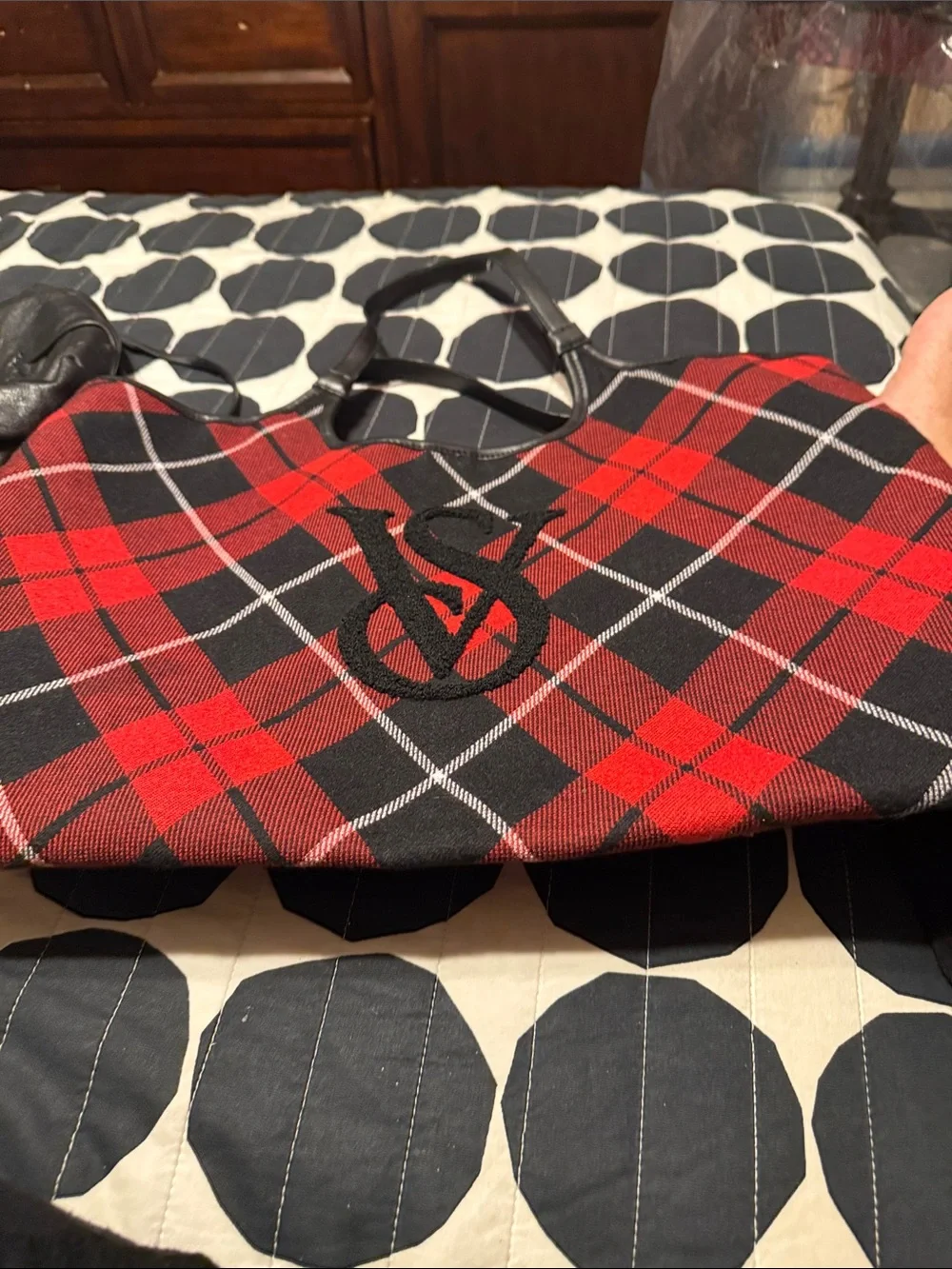 Victoria's Secret Red and Black Plaid Duffel with Signature Monogram